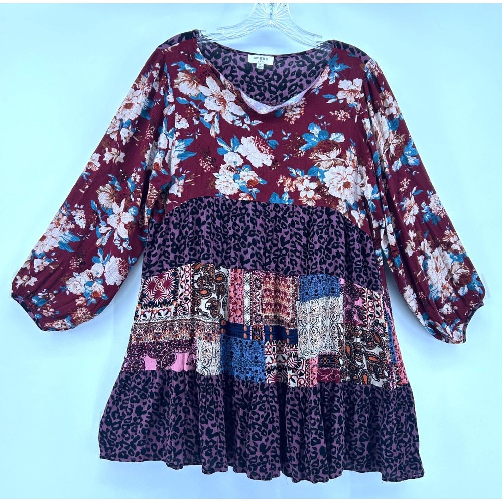 Umgee USA Mixed Media Floral Leopard Patchwork Boho Tunic Top Burgundy Medium